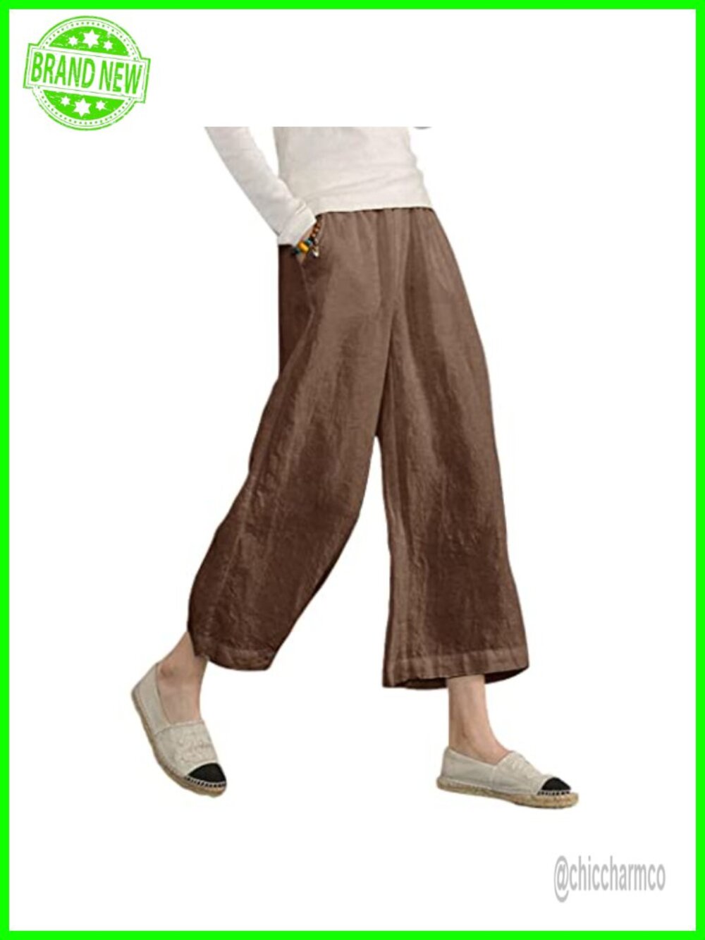 Linen Blend Cropped Wide Leg High Rise Pants Drawstring